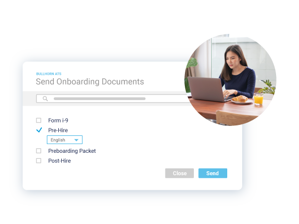 Woman with a laptop looking at Send Onboarding Documents