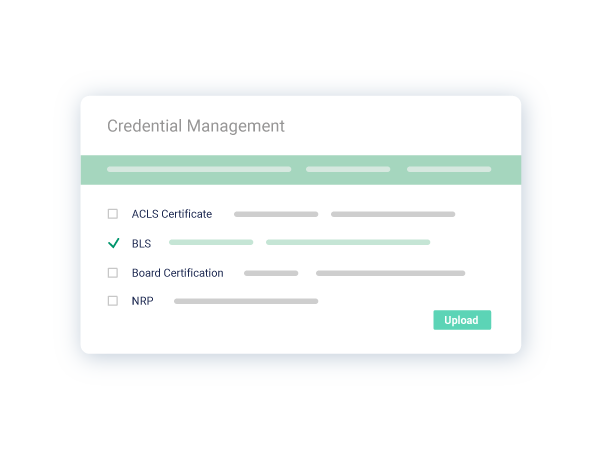 Credential management sample with ACLS certificate, BLS, board certification, and NRP