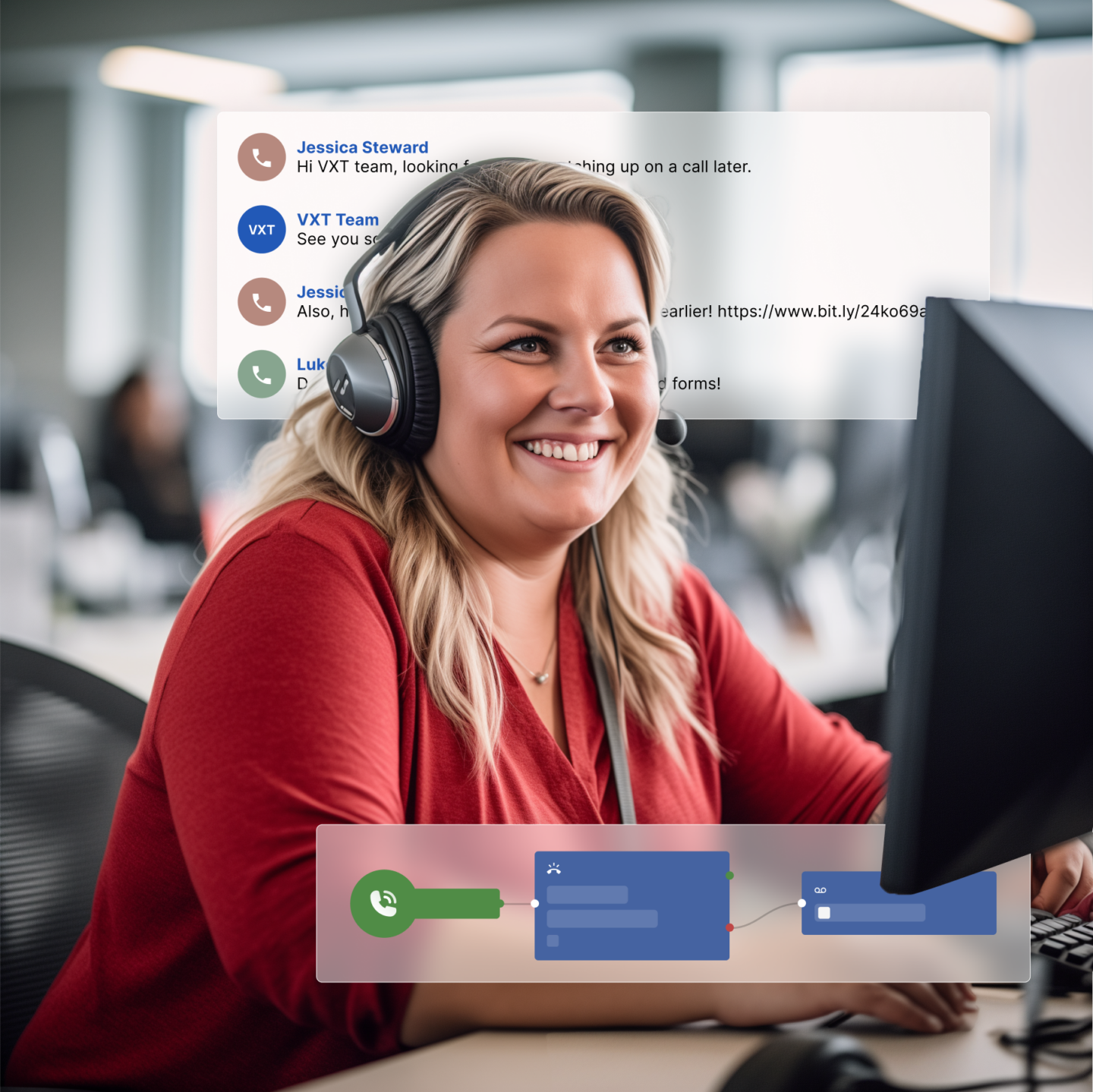 Save time - Woman in front of a computer with headset on