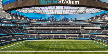 At SoFi Stadium in Los Angeles, a circular LED screen hangs above the football field.