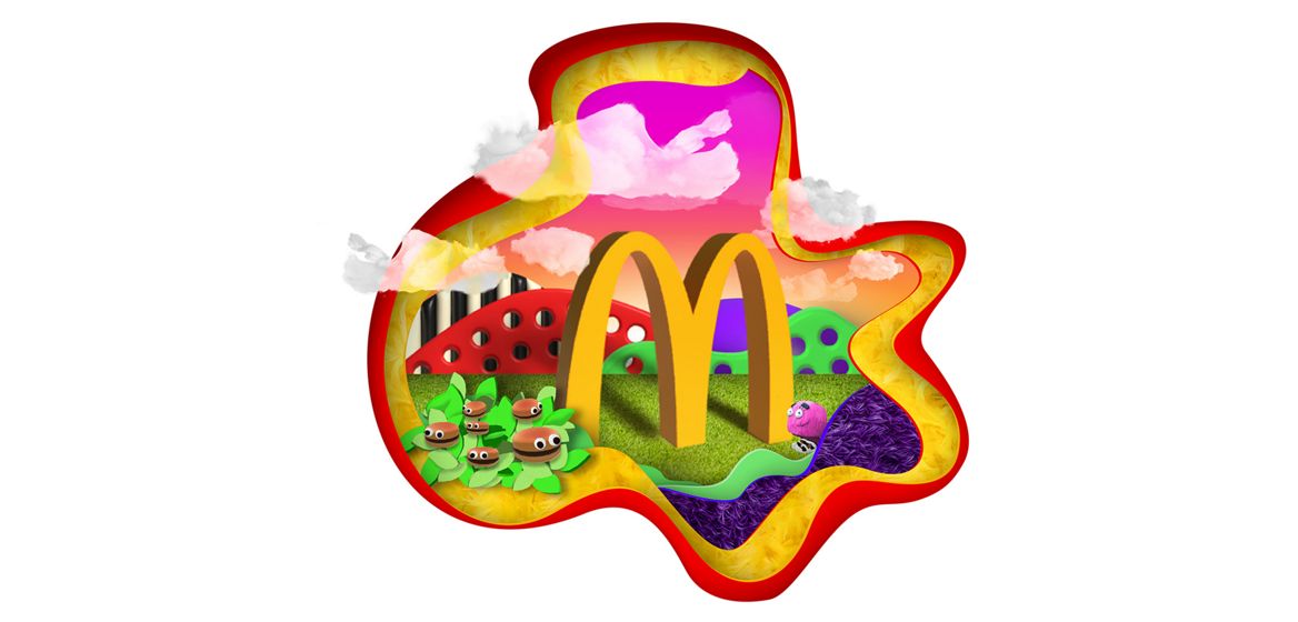 McDonald's golden arch with McDonald Land characters