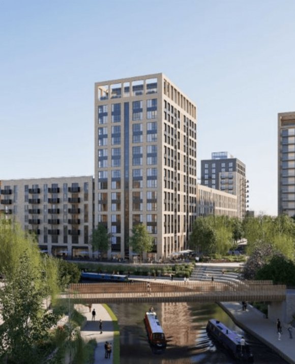 Architectural rendering of a modern apartment building alongside a canal with pedestrians and boats.