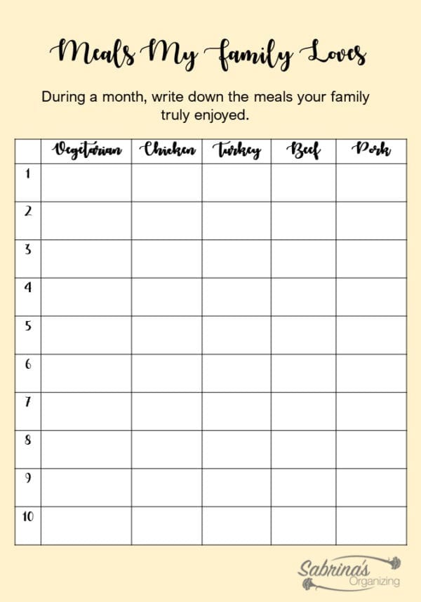 Meals my family loves worksheet