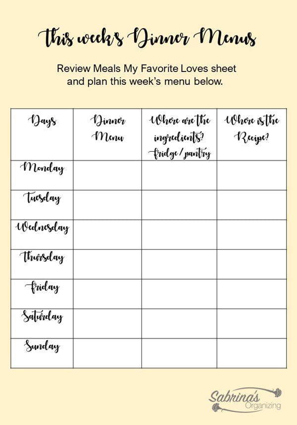 This week's dinner menu worksheet