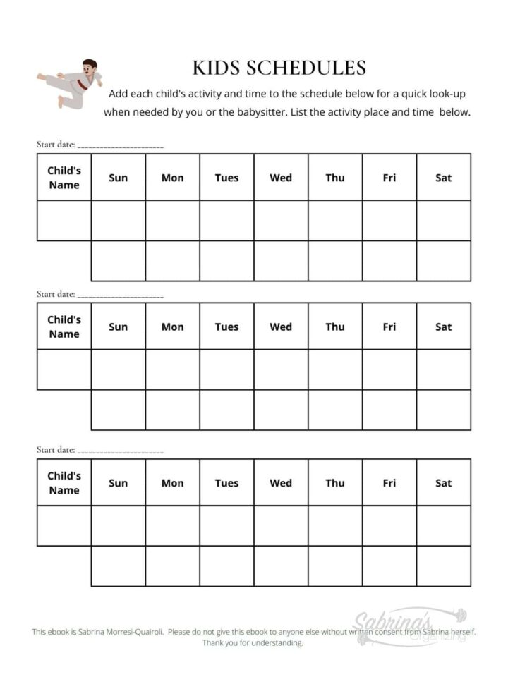 Kids schedule sheet from Sabrina's Organizing ebook