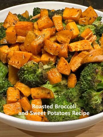 Roasted Broccoli and Sweet Potato Recipe - square image - in a large servingbowl - with title