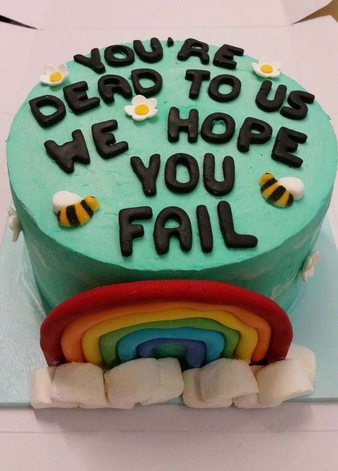 Hilariously rude farewell cake.