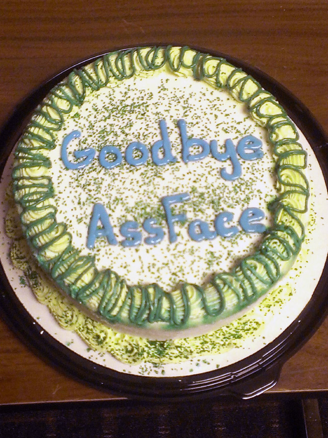 Hilariously rude farewell cake.