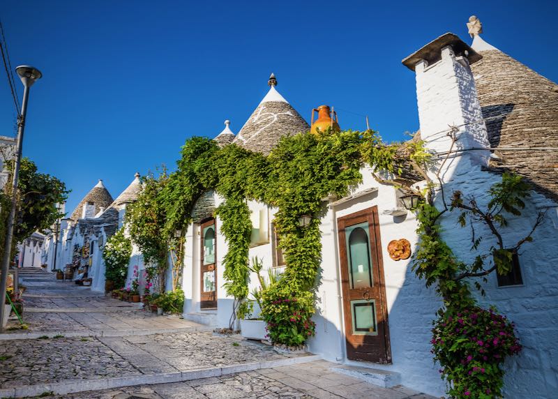 Stone houses with conical roofs, lining a cobbled pedestrian walkway