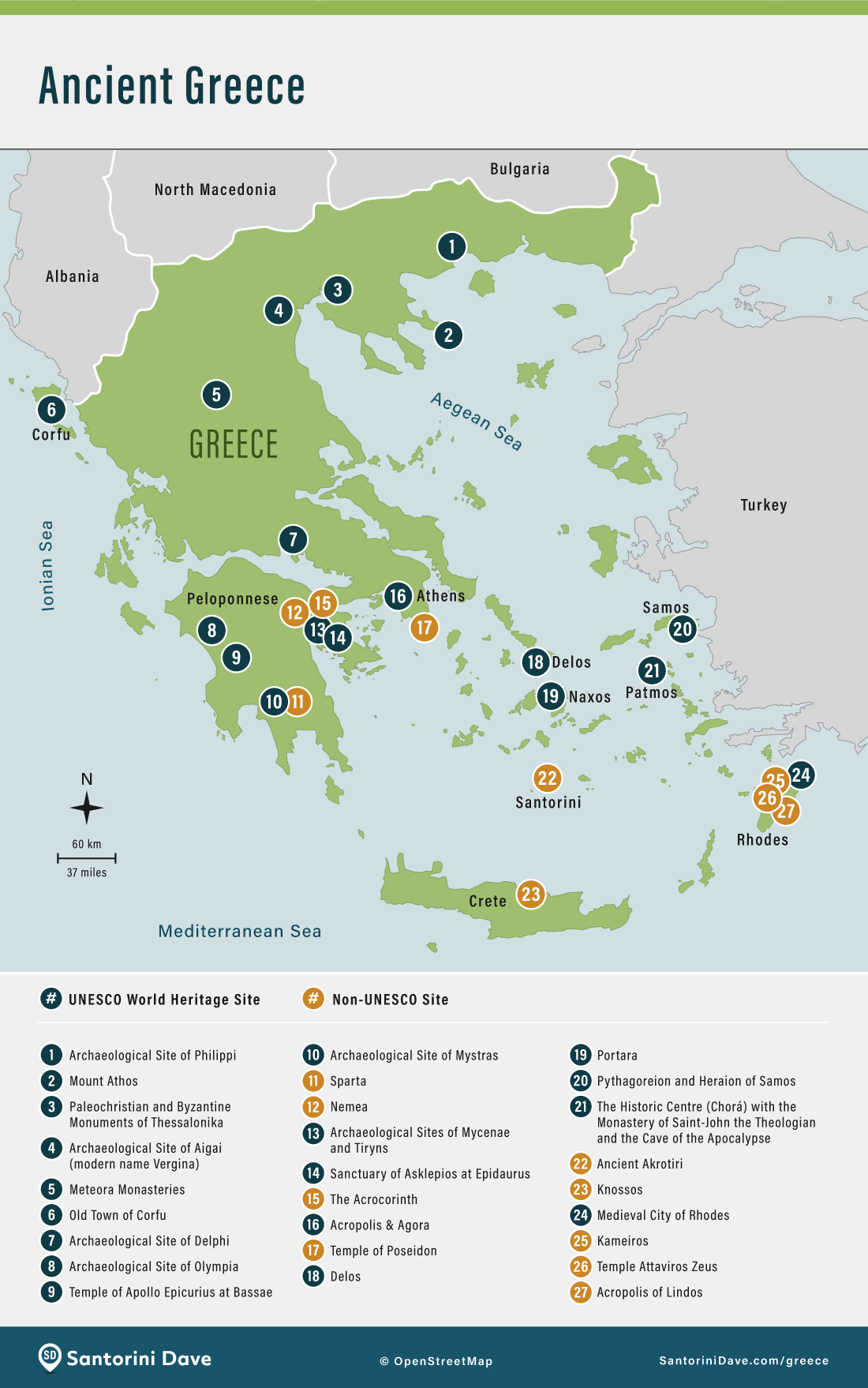 Map of Historical Sites from Ancient Greece including UNESCO World Heritage sites.