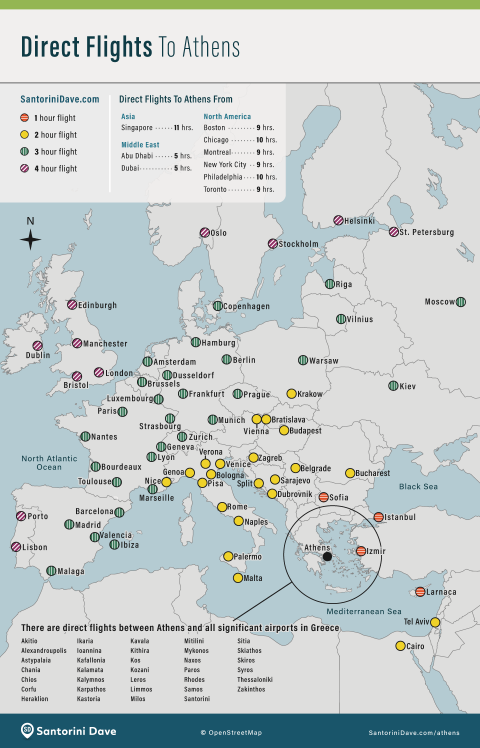 Map of direct flights to Athens, Greece