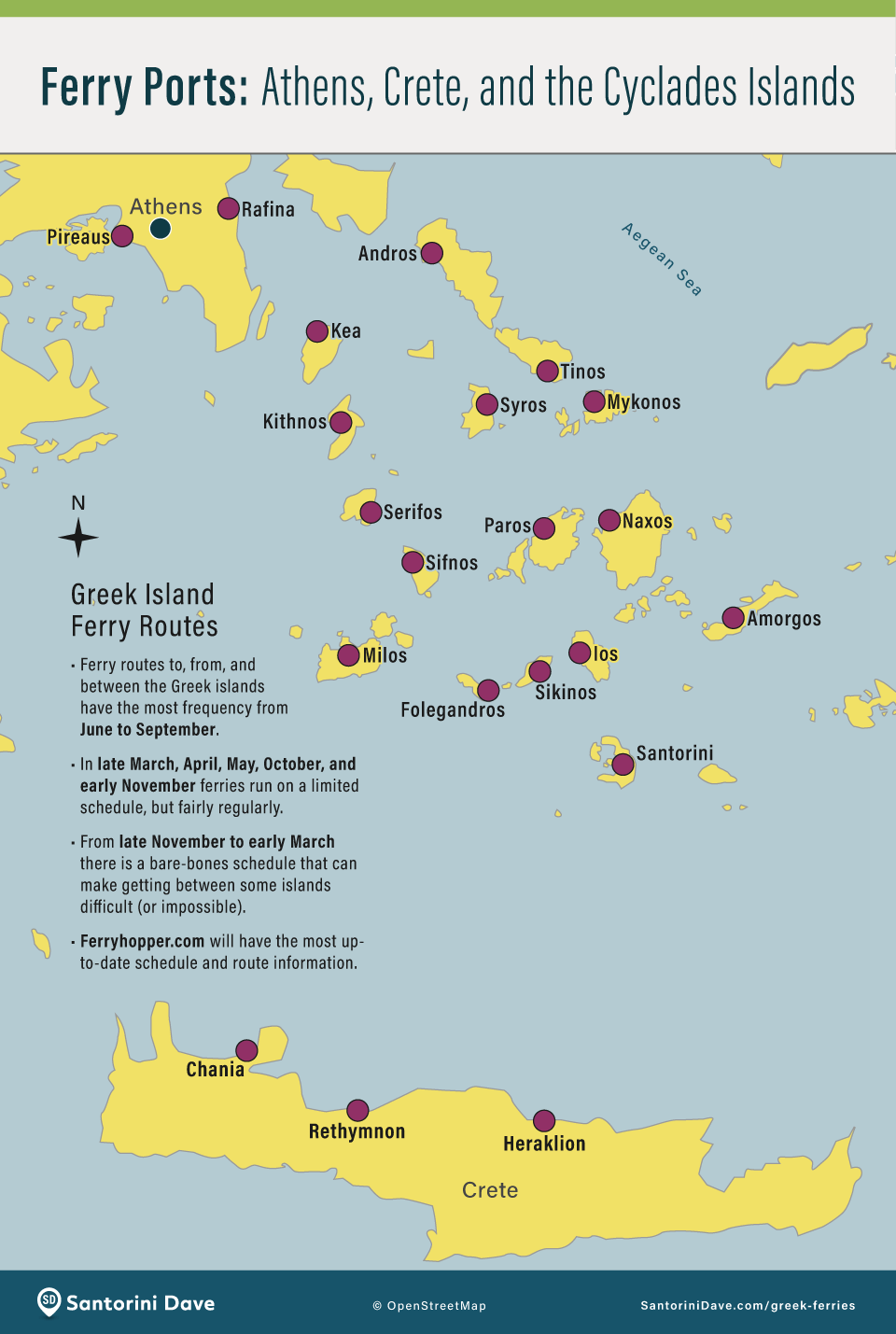 Map showing the ferry ports of the Cyclades islands.