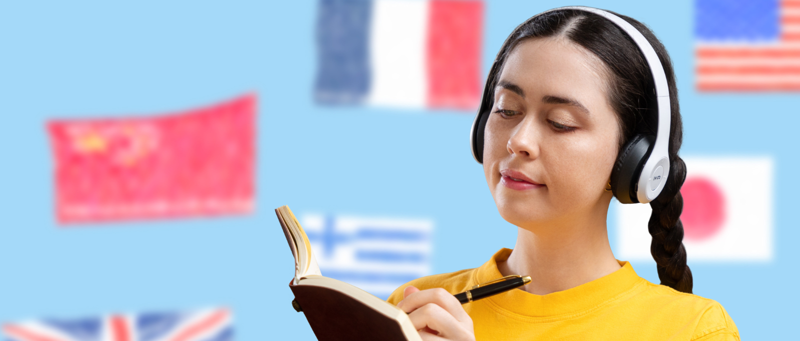 girl reading book with headphones