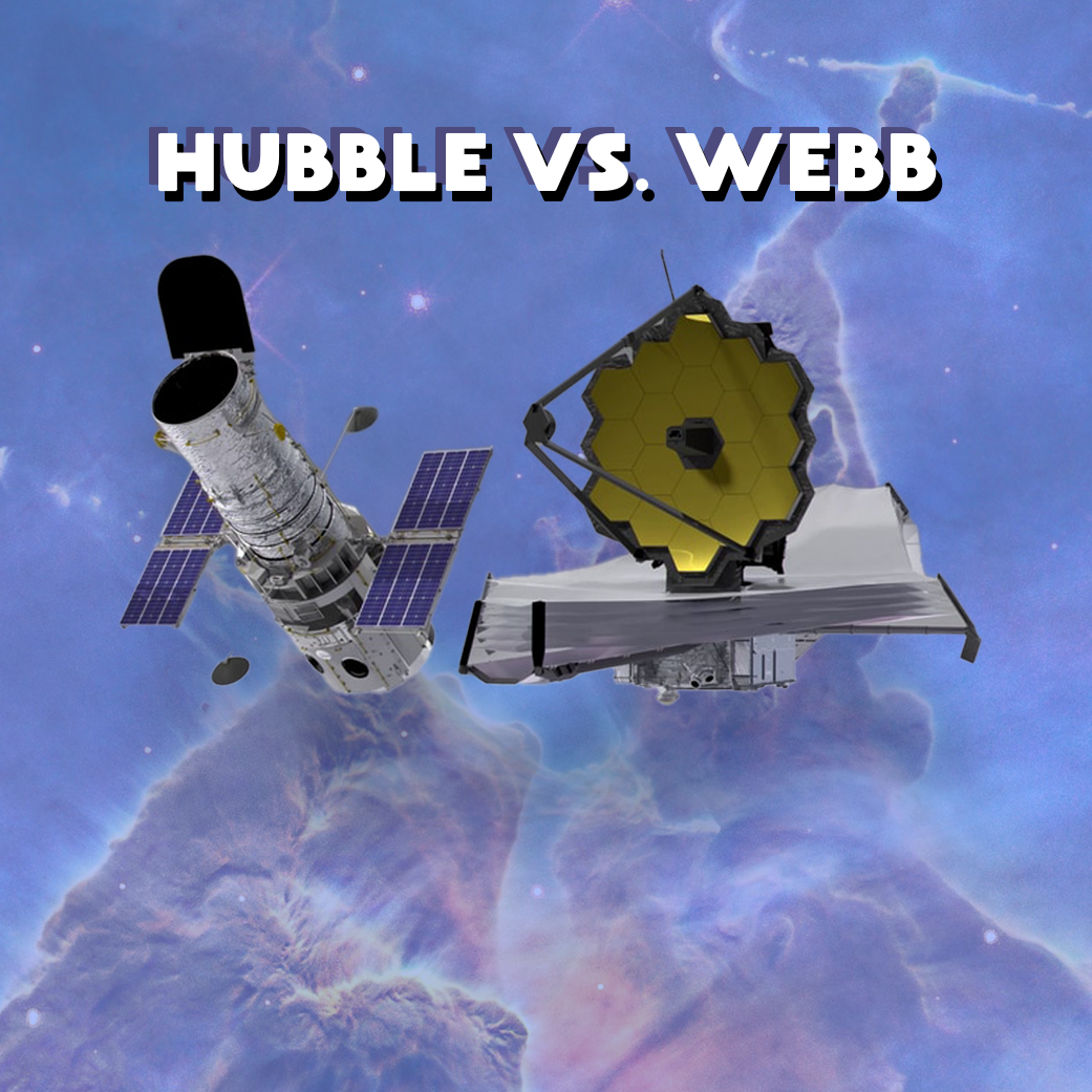 Left is the Hubble Space Telescope. Right is the James Webb Space Telescope. Title text is white and says, "Hubble vs. Webb". Background image is Hubble's view of Mystic Mountain, star-forming pillars and Herbig-Haro Objects with Jets in the vast Carina Nebula. The background image is faded and shaded light blue.