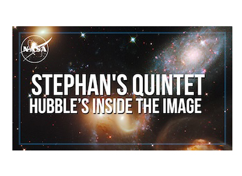 The galaxy cluster Stephan's Quintet is imaged behind this video thumbnail. The cluster holds galaxies in colors of reddish-yellow and bright white.