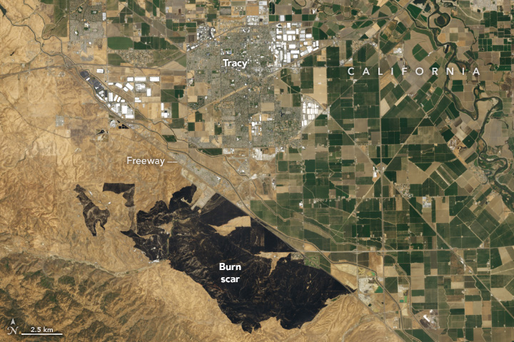 along the left side of a Freeway which runs diagonally across the image from upper left to lower center right hilly or mountainous terrain runs parallel. A patch of that hillside in the lower central, appears thoroughly black. there are some patches of untouched land with the burn scar but it seems to stop fairly uniformly, possibly at the geological feature of a crest of land. to the upper and right portion of the image is largely green farm fields separated out in gridded patterns.