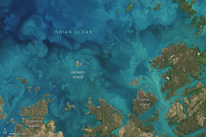 The waters of the Indian Ocean off of the broken island covered coastline of Australia along the bottom of the image, swirl with color, from deep blue in the upper left to turquoise and seafoam shades respectively as the water nears the coast. The colors meet in eddies and gradually shift across the image.