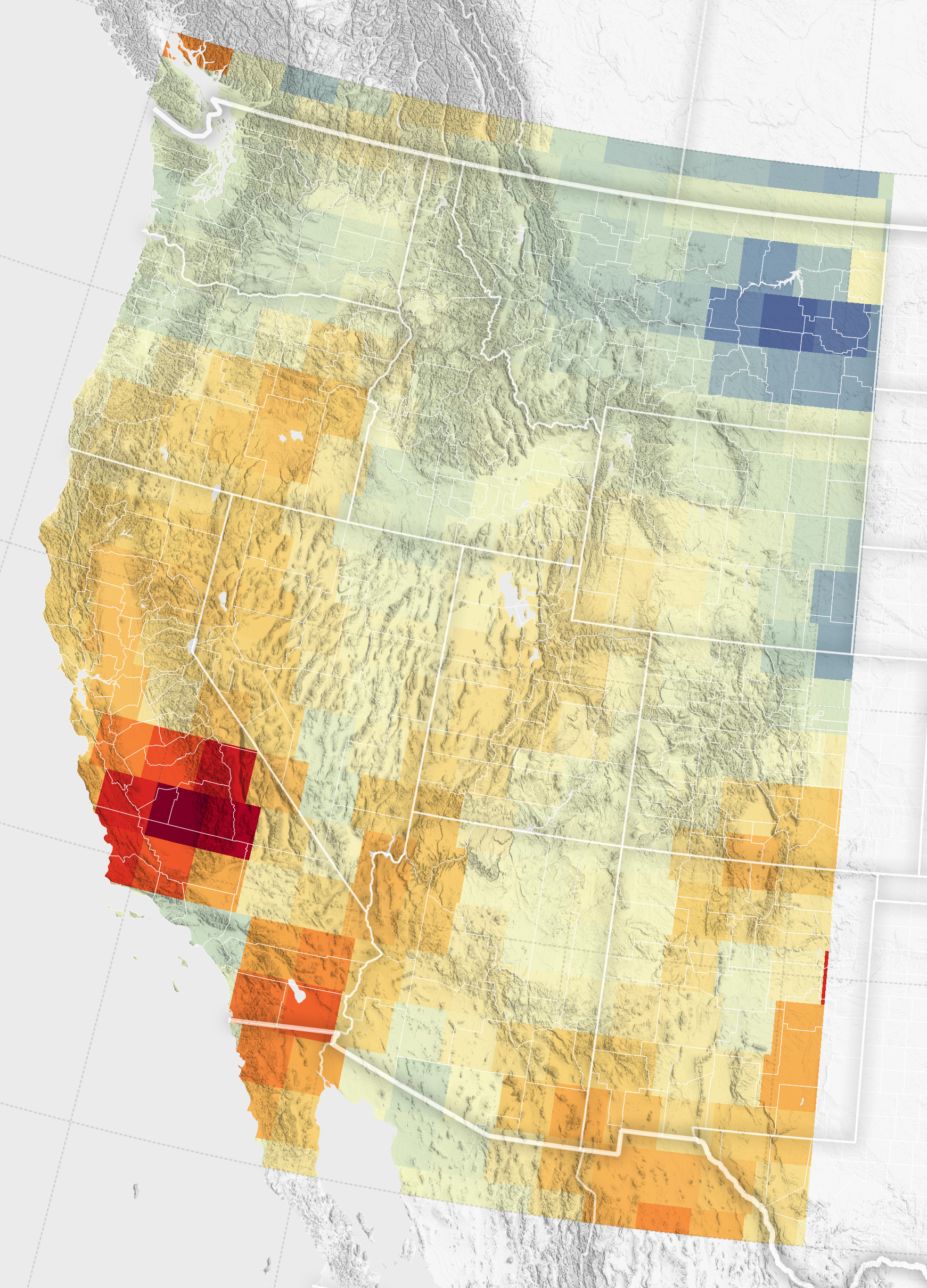 A map of the Western United States with a color scale from red to blue where the darkest red indicates a 5 or more centimeter deficit in water per year and darkest blue 5 or more centimeter surplus. With the exception of Eastern Montana and Colorado the entire map is neutral to red shaded with Southern Central California a dark red spot with the entirety of the state in a shade of orange.