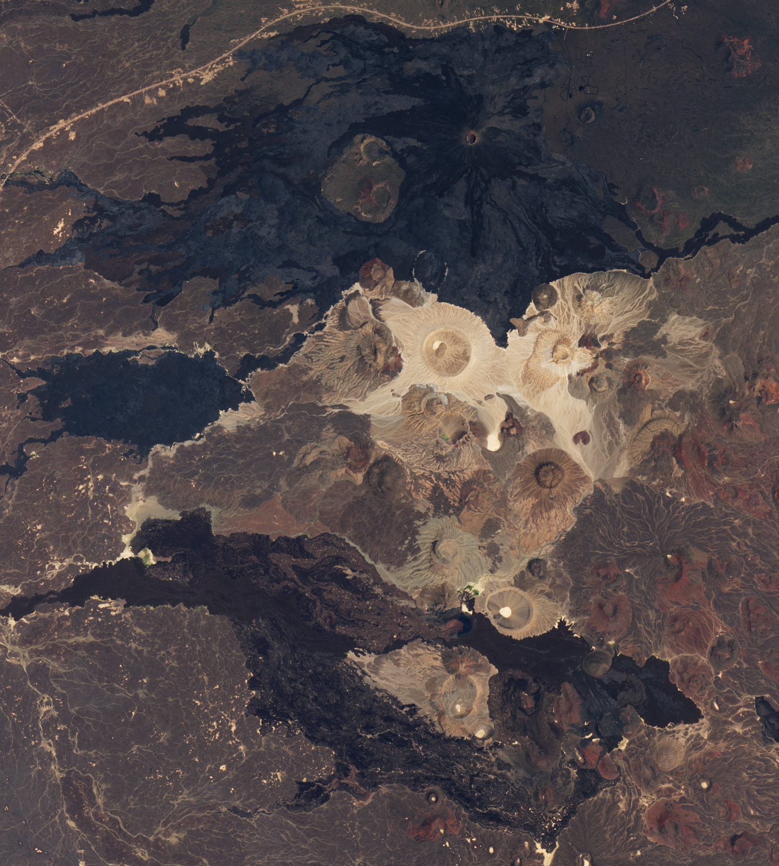 This satellite image shows numerous lava fields the general landscape is a dark brown with veins of lighter color, likely caused by erosion over the decades. The land is also pock marked with craters, at the top of the image the lavaflow leaves a distinctly black rock, and butted right below that is a light beige volcanic deposit, creating significant contrast. down and too the right there continue to be more craters and deposits is a more neutral brown color, but there is another, but more eroded black lava flow toward the bottom of the image