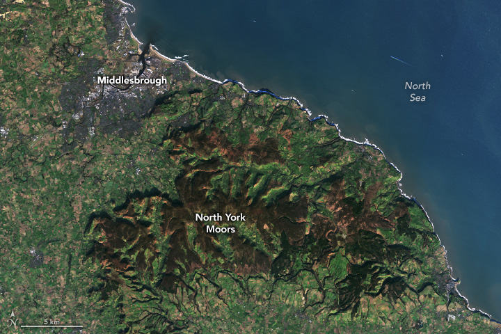 Land and sea meet diagonally from the center upper left to the bottom right. Along the coast, in the upper left, a human population center, Middlesbrough, is the one break amid rural farmland and the dark topped Moors. The Moors are situated below and to the right of Middlesbrough, following the coastline.