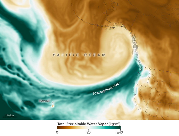 An atmospheric overlay on western North America showing high moisture, depicted in a blue-green swooping through prevailing dryer climate, depicted in tan to brown shades.