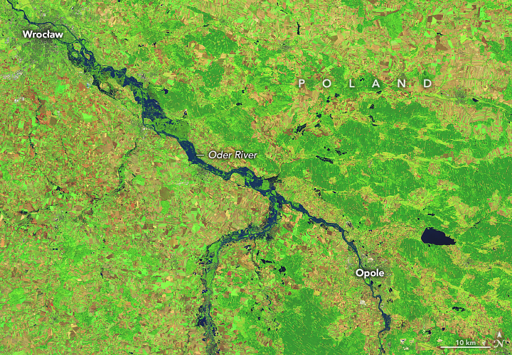 The Oder River moves through a verdant green Poland. The city of Wrocław sits on the banks of the river in the upper left corner. Opole on one of the branches in the lower right. The river stretches diagonally across the image between the two cities and is unusually wide, creating many islands of what is usually small meanders.