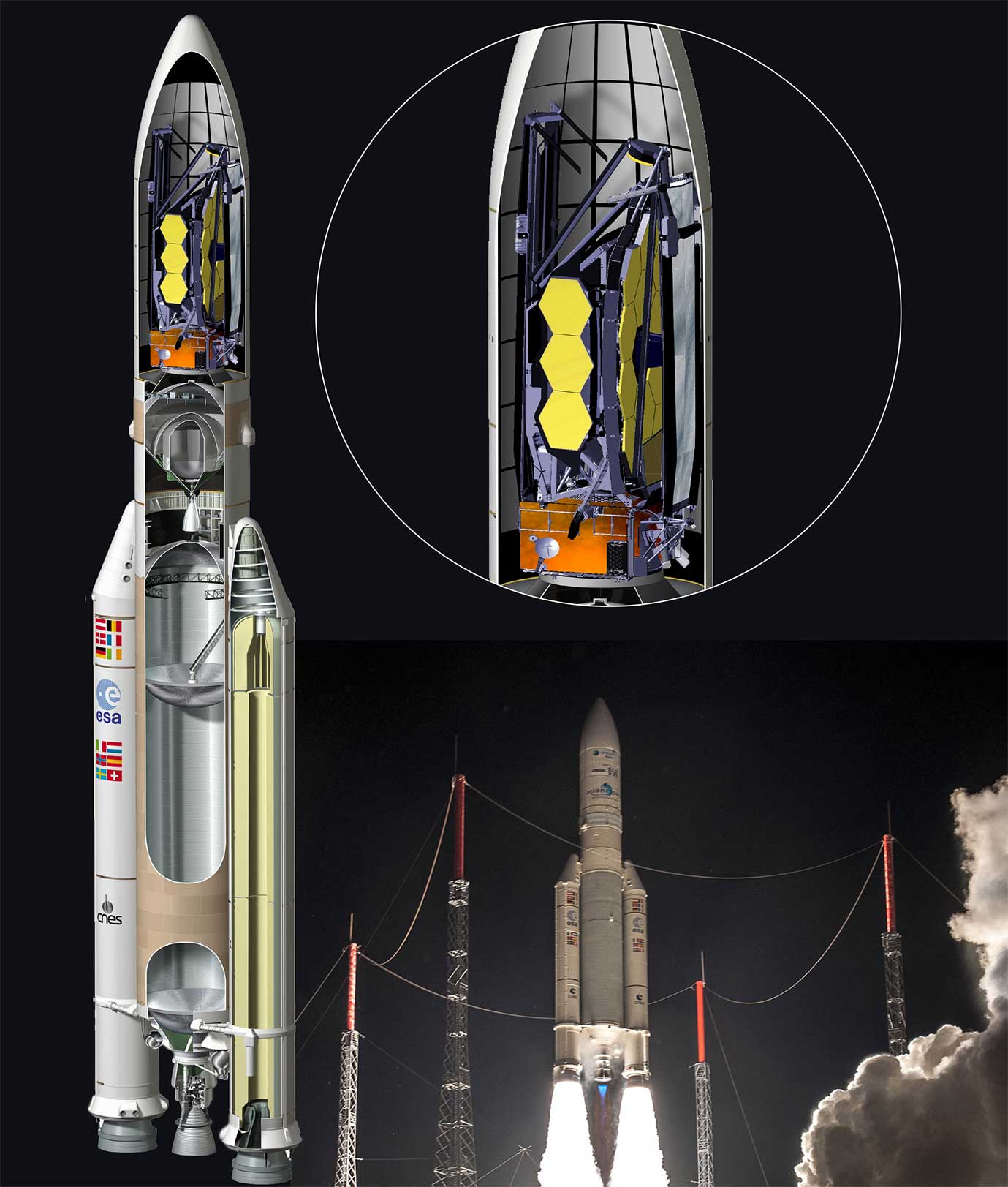 Montage of Webb (JWST) in it's folded and stowed launch configuration inside the nose cone of an Ariane 5 rocket.