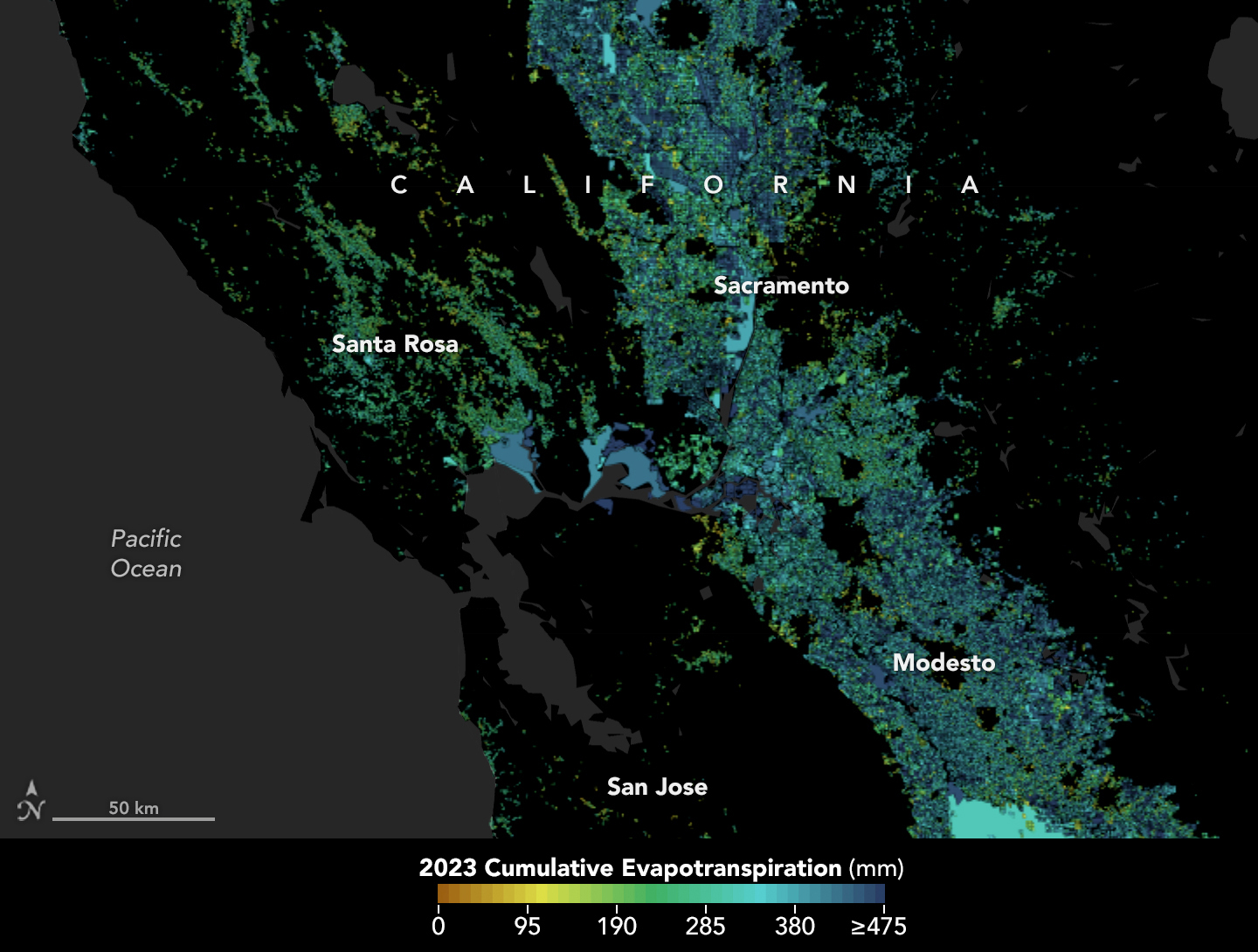 This map shows evapotranspiration levels across Central California including the Bay Area. Darker blue can be seen in the Central Valley.