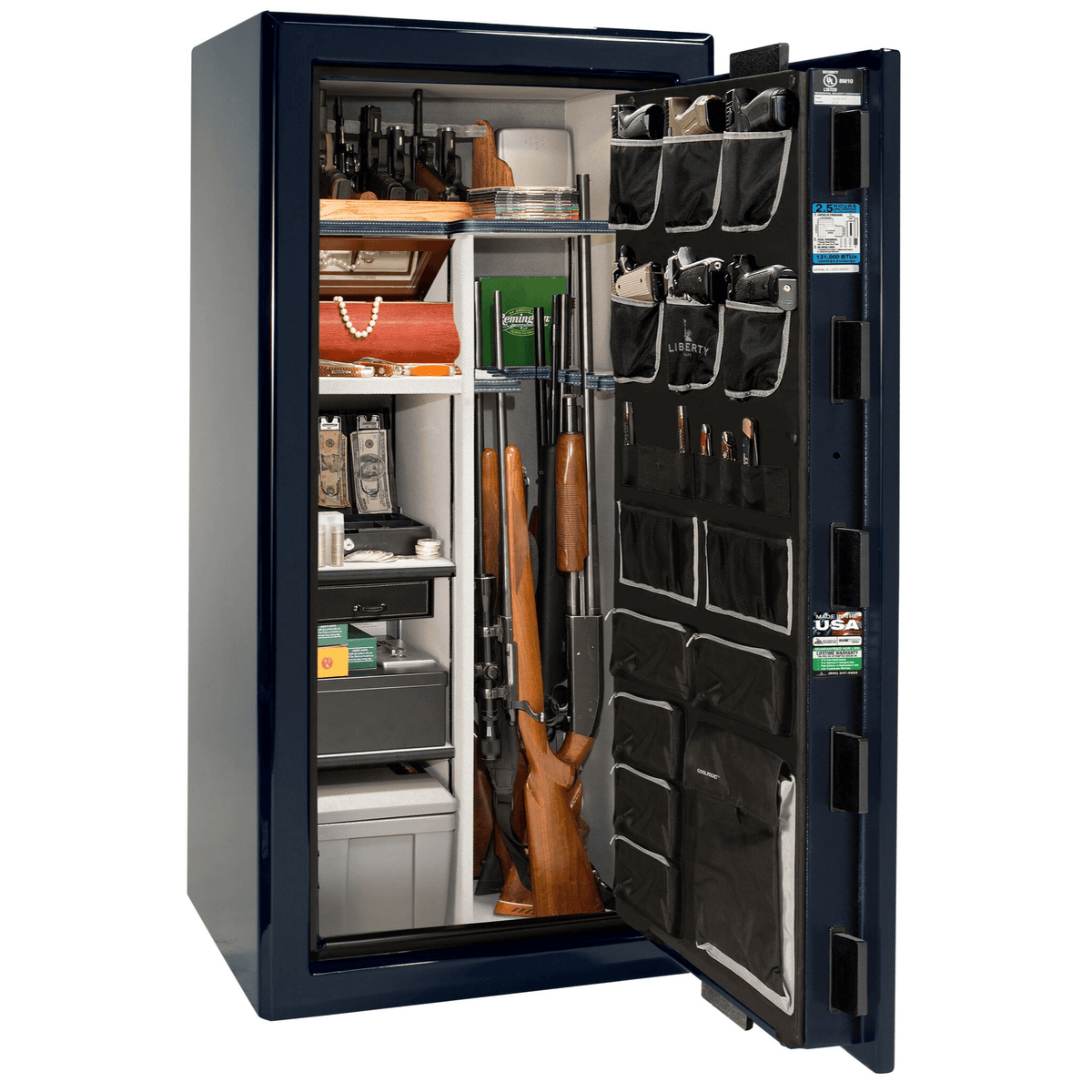 Liberty Safe Presidential 25 in Blue Gloss, open door.