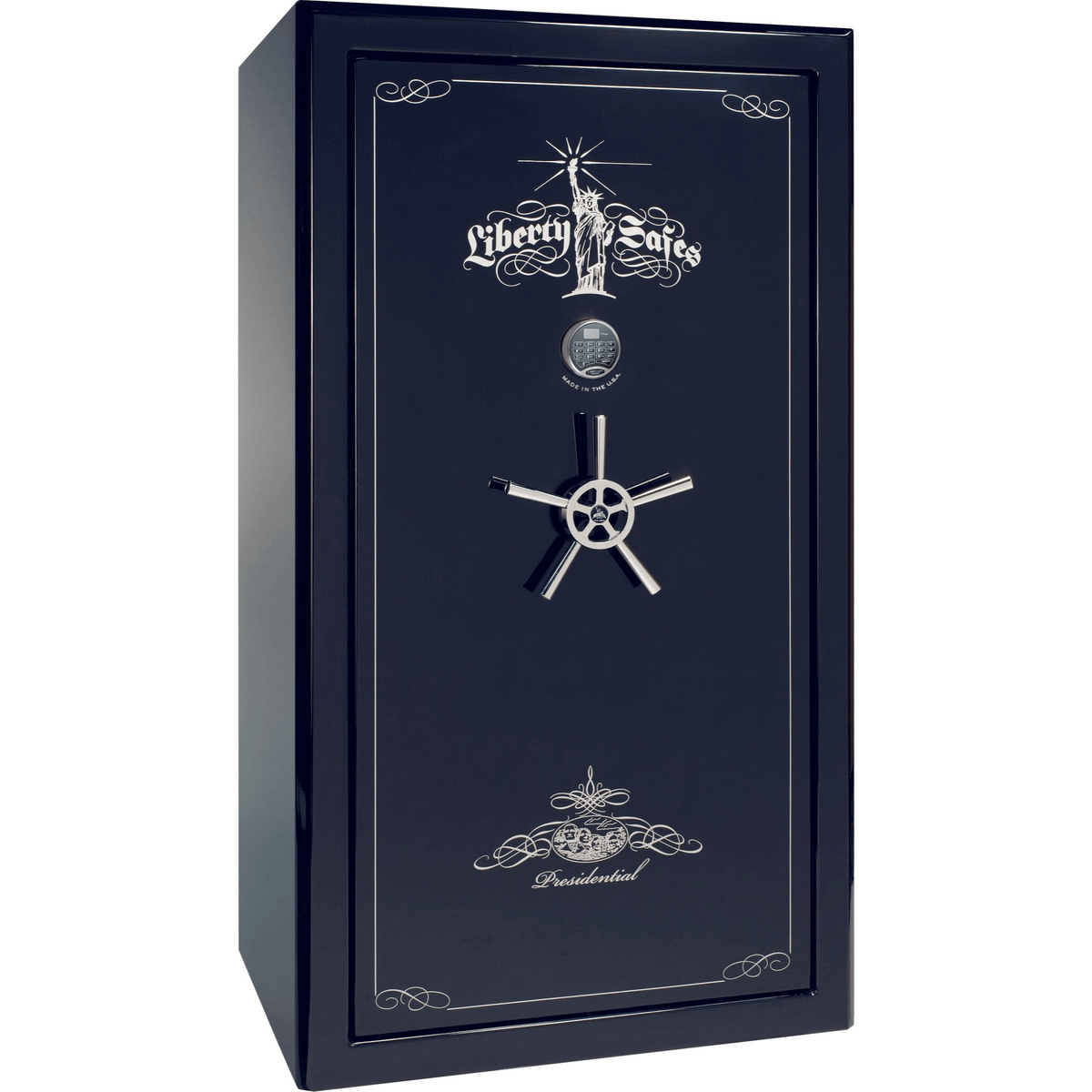 Liberty Safe Presidential 50 in Blue Gloss with Chrome Electronic Lock, closed door.