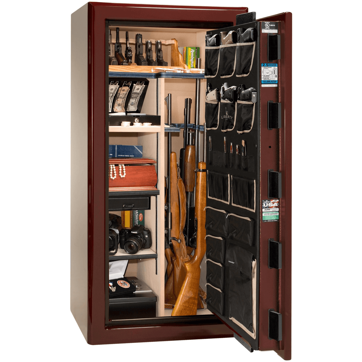 Liberty Safe Presidential 25 in Burgundy Gloss, open door.