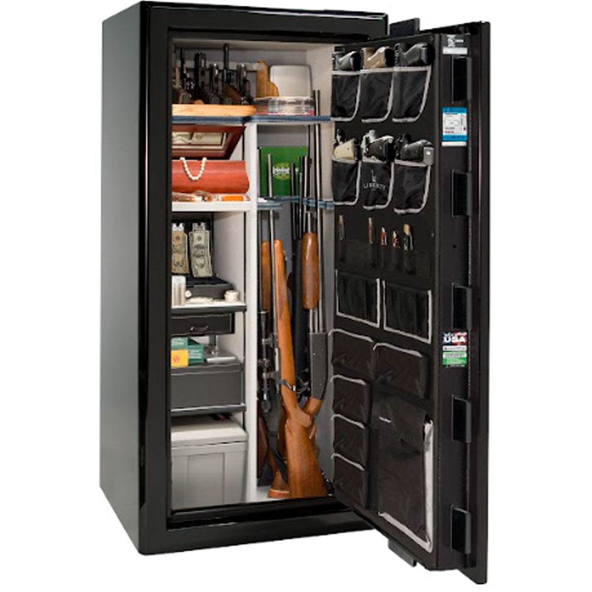 Liberty Safe Presidential 25 in Black Gloss, open door.