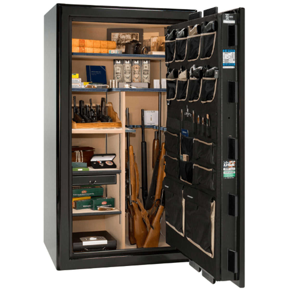 Liberty Safe Presidential 40 in Black Gloss, open door.