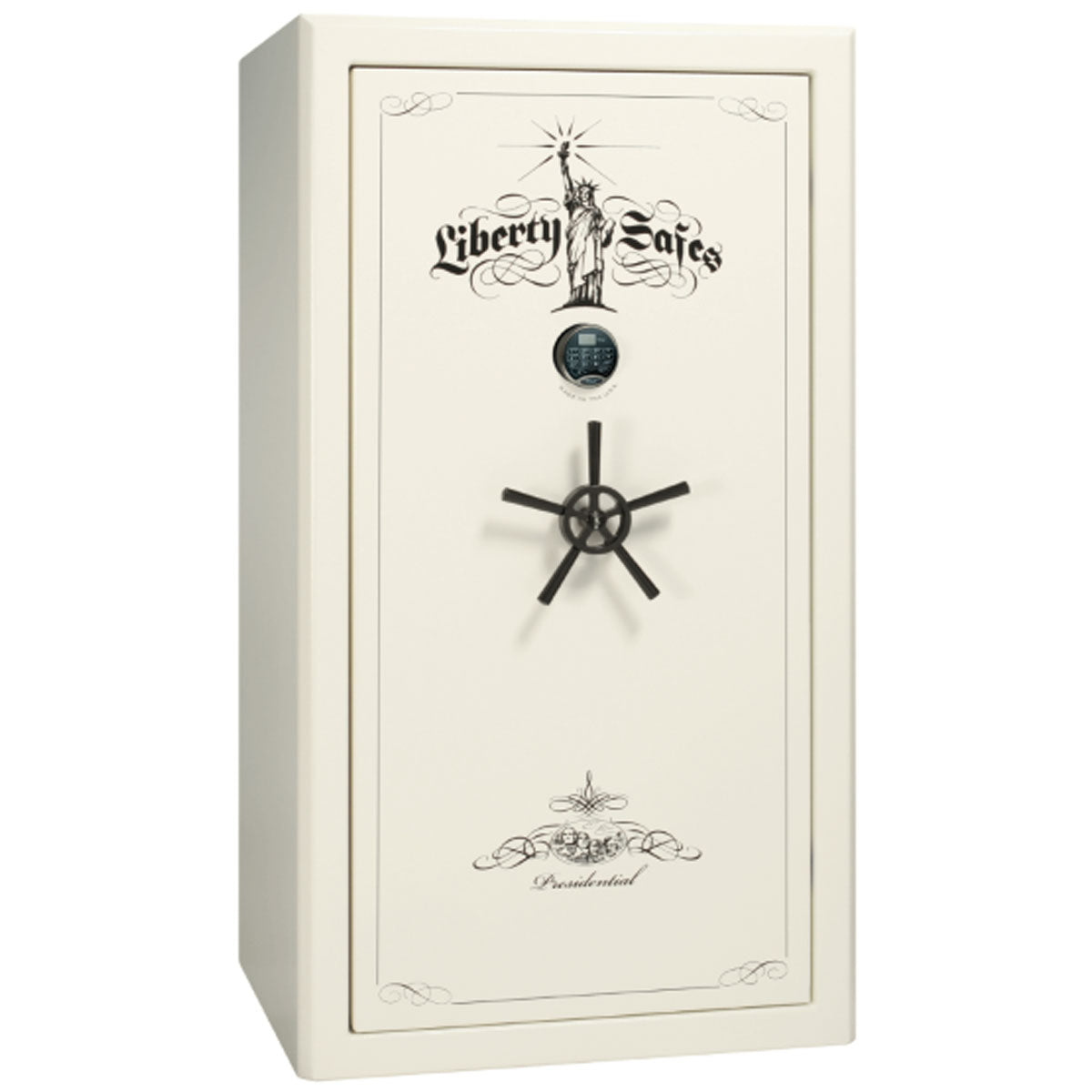 Liberty Safe Presidential 40 in White Gloss with Black Chrome Electronic Lock, closed door.