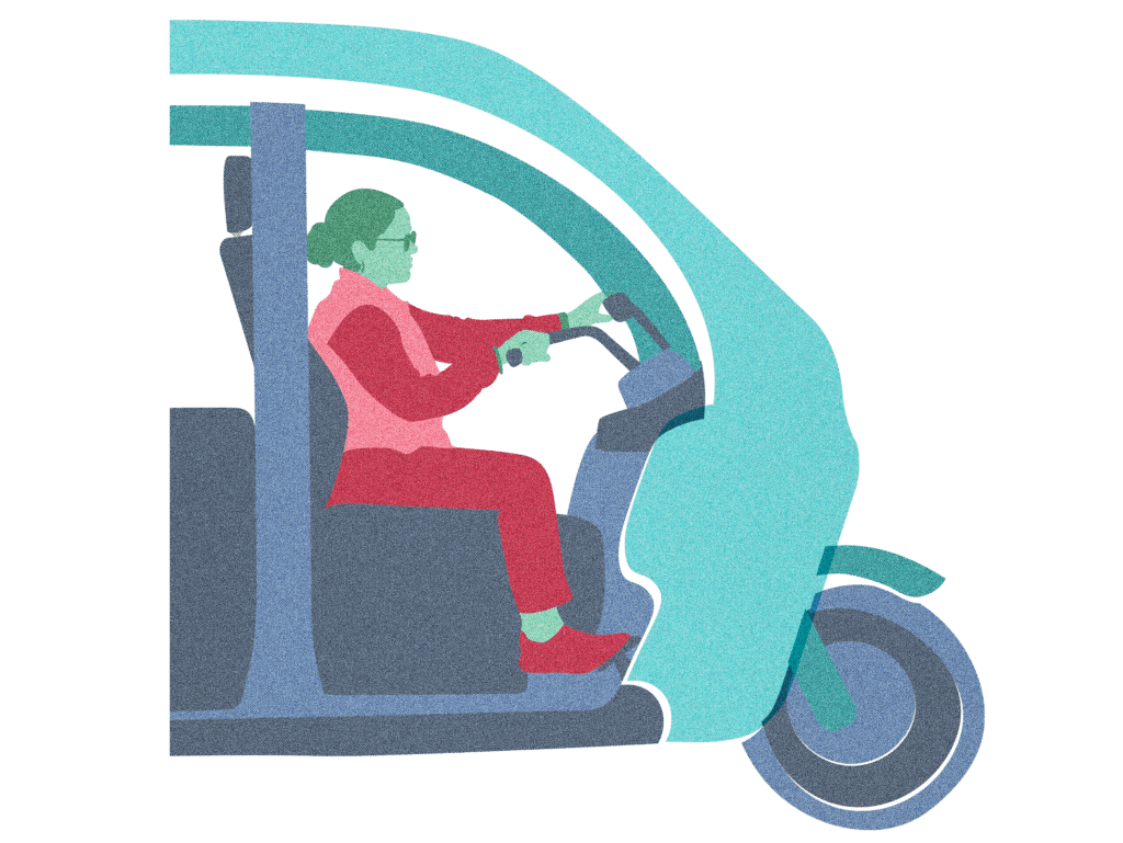 Illustration of a woman driving her rickshaw