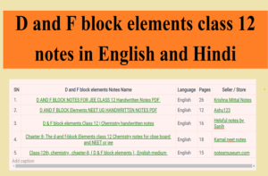 D and F block elements class 12 notes in English and Hindi