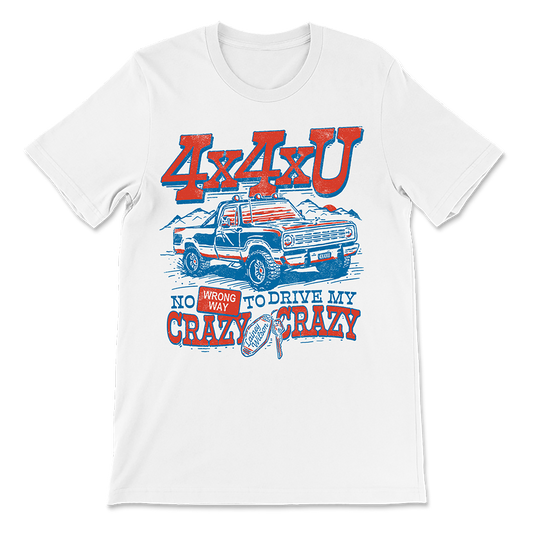 White t-shirt with a colorful graphic design featuring a 4x4 truck and text.