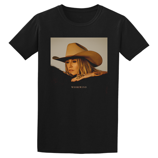 Black t-shirt featuring an album cover-style image of a woman in a cowboy hat with ’WHIRLWIND’ text below.