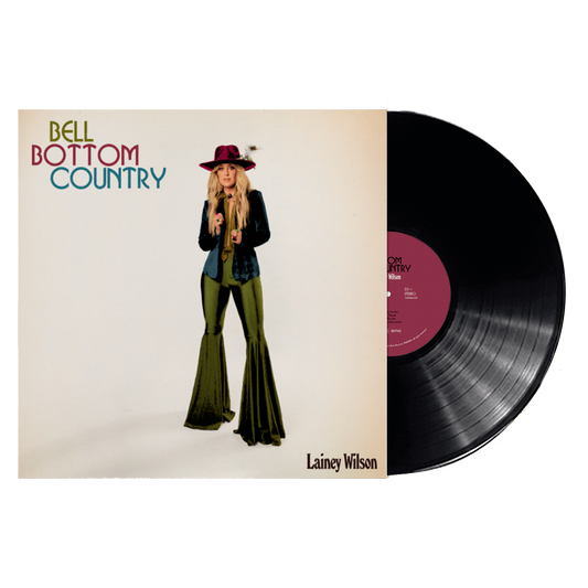 Vinyl record album cover for ’Bell Bottom Country’ by Lainey Wilson featuring a woman in 1970s-style clothing.