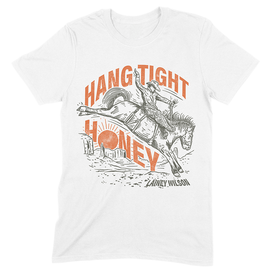 White t-shirt with a vintage-style rodeo graphic featuring a bucking horse and rider.