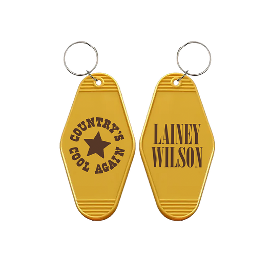 Two yellow, retro-style motel keychains with different text on each side.