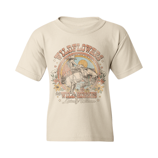 Beige t-shirt with a vintage-style cowboy and horse graphic featuring ’Wildflowers & Wild Horses’ text.