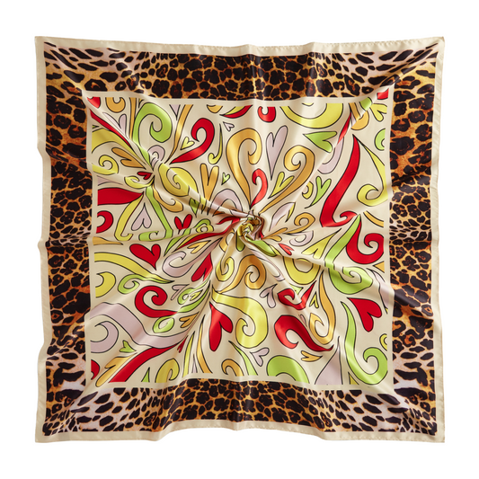 Colorful silk scarf with a leopard print border and abstract swirling patterns in the center.