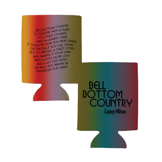 Rainbow-colored can cooler with lyrics and ’Bell Bottom Country’ text printed on it.