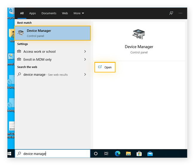 Searching for the Device Manager in the Windows menu in Windows 10