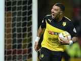 Troy Deeney of Watford celebrates scoring his team's second goal during the Sky Bet Championship match between Watford and Blackburn Rovers at Vicarage Road on March 25, 2014