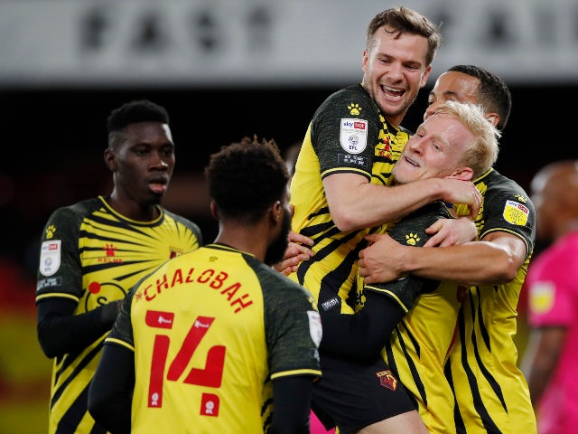 Will Hughes celebrates scoring for Watford against Derby County in the Championship on February 19, 2021