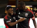 DC United's Cristian Dajome celebrates with Christian Benteke after scoring a goal on July 13, 2024