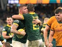 Malcolm Marx (left) of the Springboks is congratulated by Handre Pollard after scoring a try during The Rugby Championship match on August 28, 2024