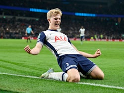 Tottenham Hotspur's Lucas Bergvall celebrates scoring on January 8, 2025